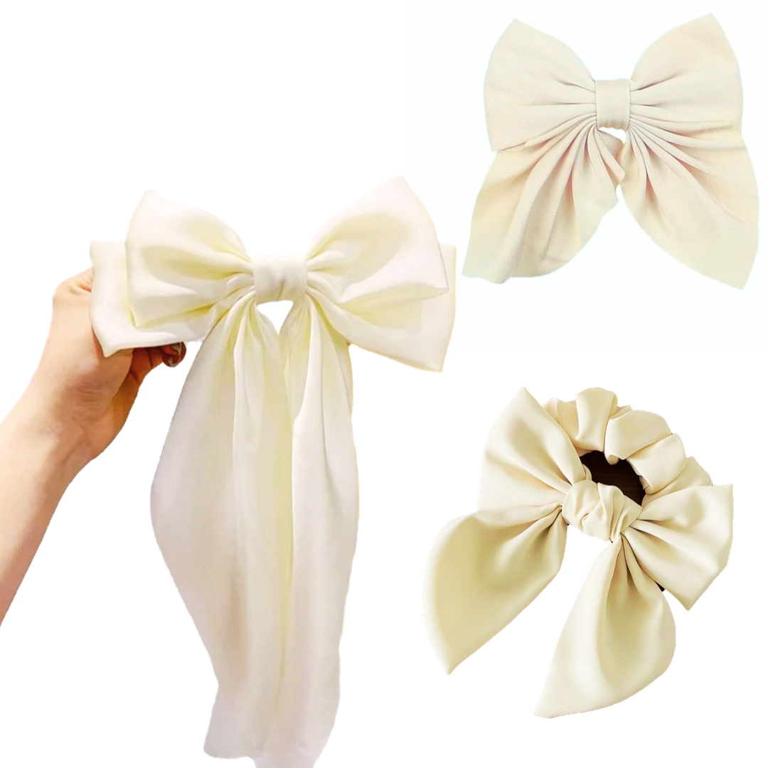 Satin Bow Clip & Band Set – 3PC Large Ribbon Hair Accessories | Satin Statement Hair Ties