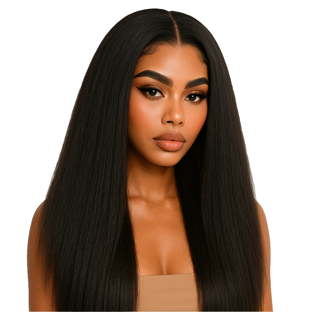 Luxelette Kinky Straight Lace Front Wig - 13x4 Glueless Yaki Human Hair Wig | 180% Density, Pre-Plucked, Natural Black
