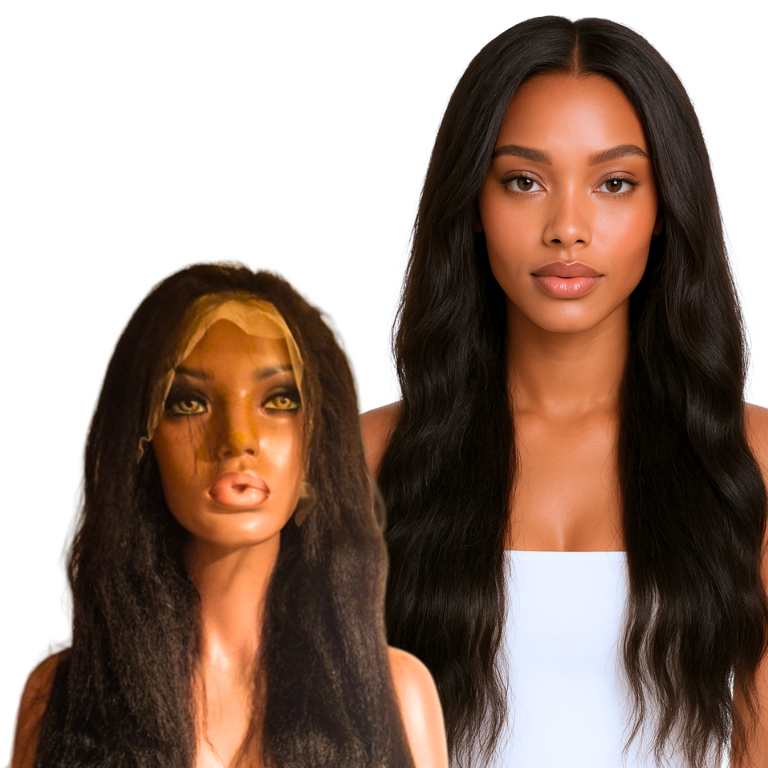 Luxelette Kinky Straight Lace Front Wig - 13x4 Glueless Yaki Human Hair Wig | 180% Density, Pre-Plucked, Natural Black