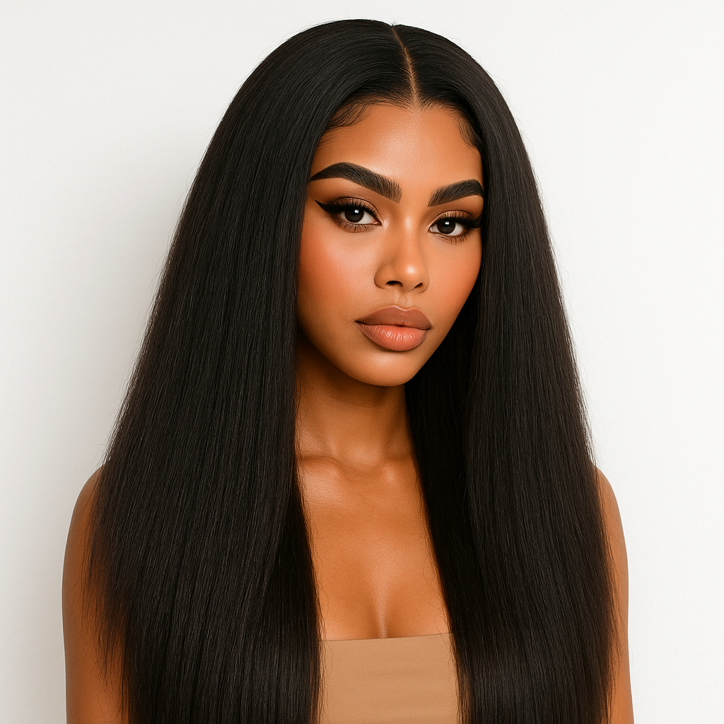 Luxelette Kinky Straight Lace Front Wig - 13x4 Glueless Yaki Human Hair Wig | 180% Density, Pre-Plucked, Natural Black