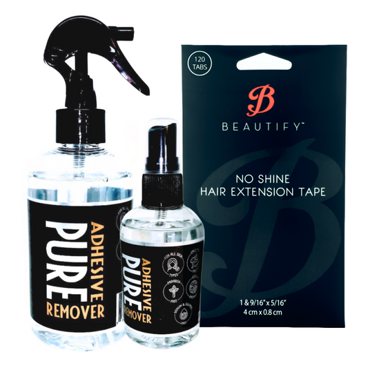Beautify No-Shine Hair Extension Tape & PURE Remover Set, 2PC | Pre-Cut Clear Strips with Strong Initial Hold for Tape-In Wefts - Up to 6 Weeks Wear