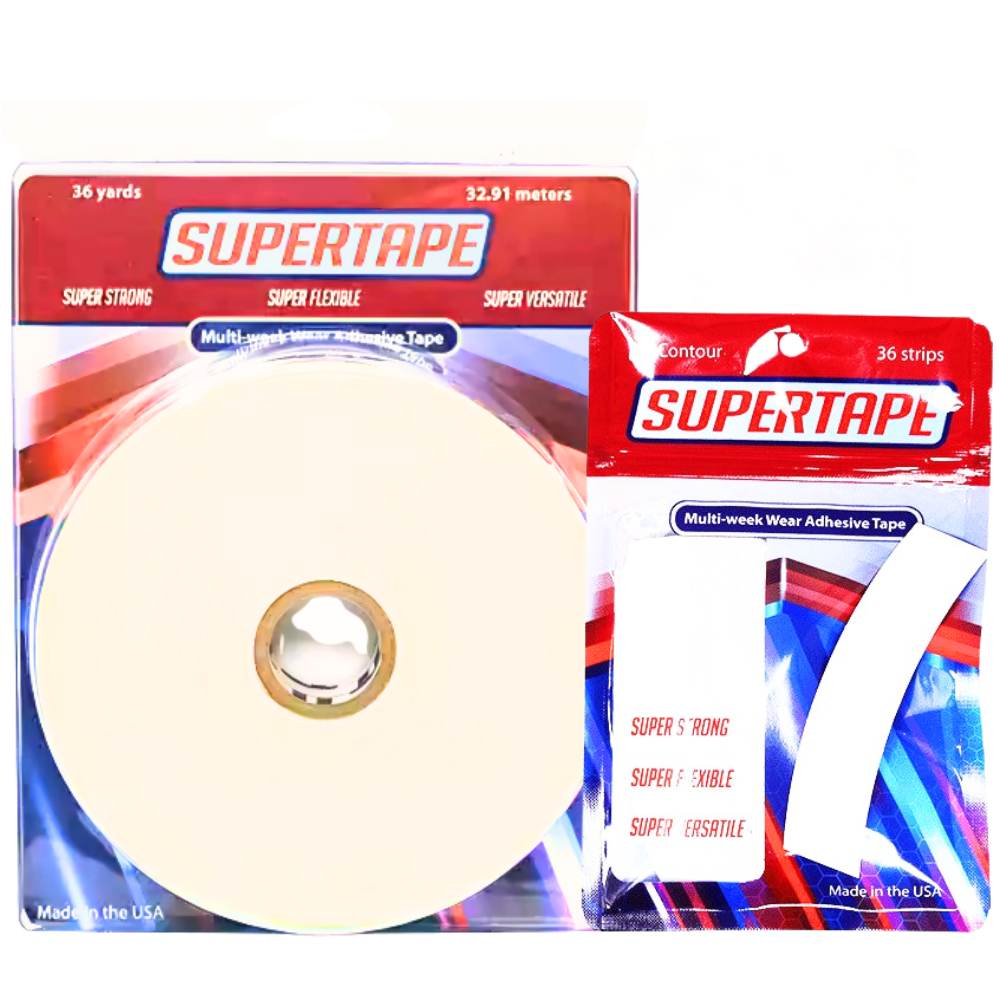 SUPERTAPE Tape Adhesive Roll & Strips 2PC Set – Clear Double-Sided Tape with White Liner | Strong Hold for Lace Wigs, Toupees & Hair Systems – Multi-Week Wear