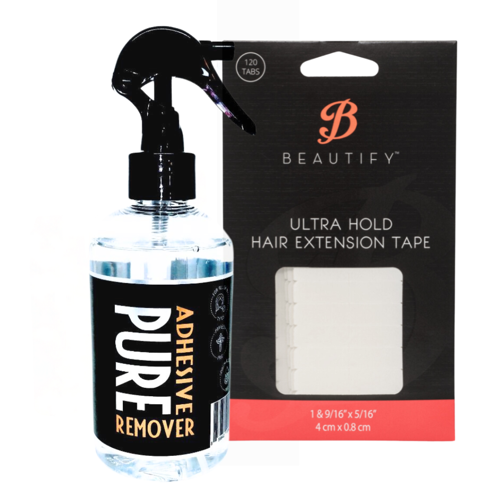 Beautify Ultra Hold Hair Extension Tape & PURE Remover 2PC Set – Pre-Cut Clear Strips | Strong Initial Hold for Wefts, Up to 6 Weeks
