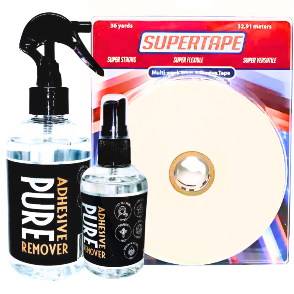 SUPERTAPE Tape Roll & Pure Remover Set, 2PC, Clear | Strong Double-Sided Adhesive & Gentle Remover for Lace Wigs, Toupees & Hair Systems