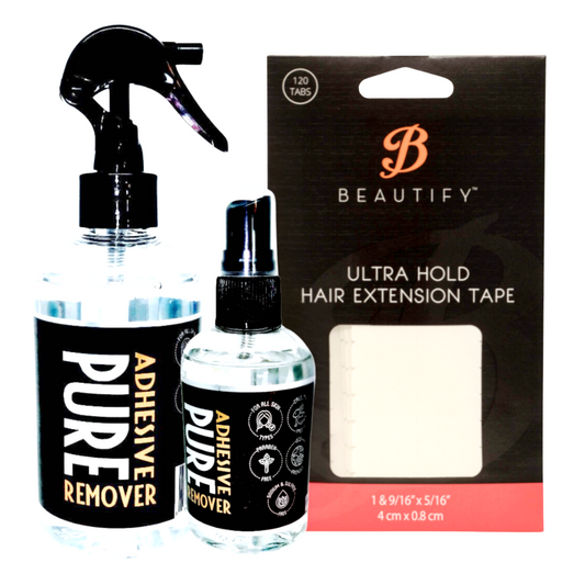 Beautify Ultra Hold Hair Extension Tape & PURE Remover 2PC Set – Pre-Cut Clear Strips | Strong Initial Hold for Wefts, Up to 6 Weeks