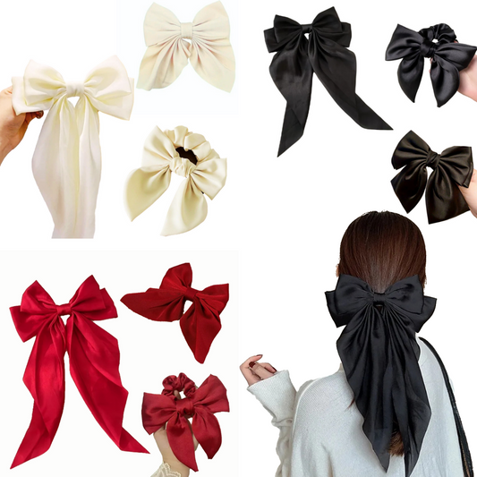 Satin Bow Clip & Band Set – 3PC Large Ribbon Hair Accessories | Satin Statement Hair Ties