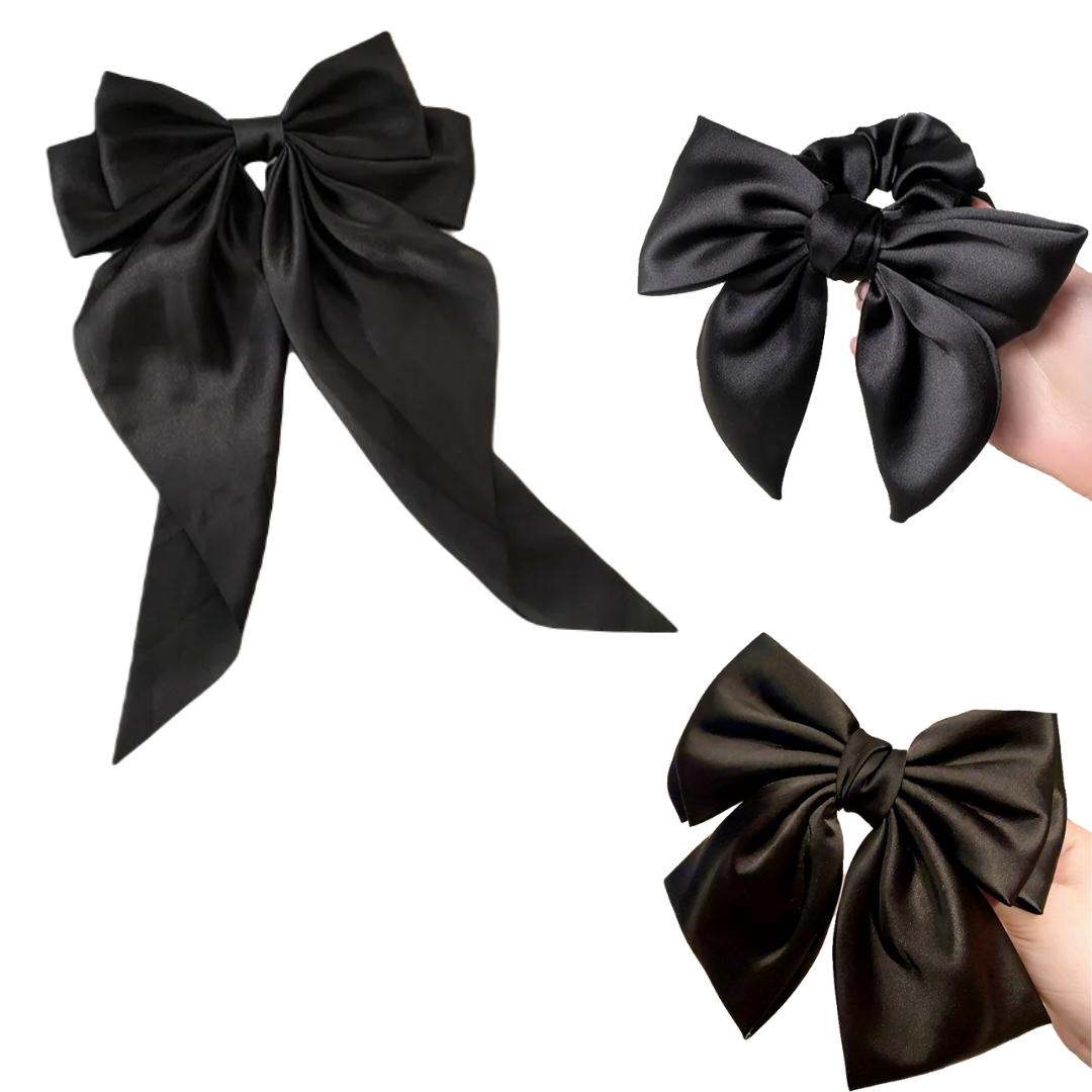 Satin Bow Clip & Band Set – 3PC Large Ribbon Hair Accessories | Satin Statement Hair Ties