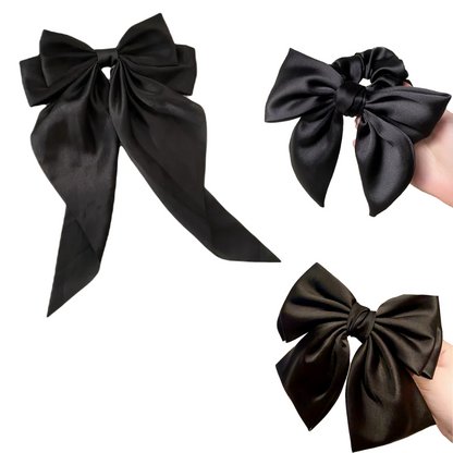 Satin Bow Clip & Band Set – 3PC Large Ribbon Hair Accessories | Satin Statement Hair Ties