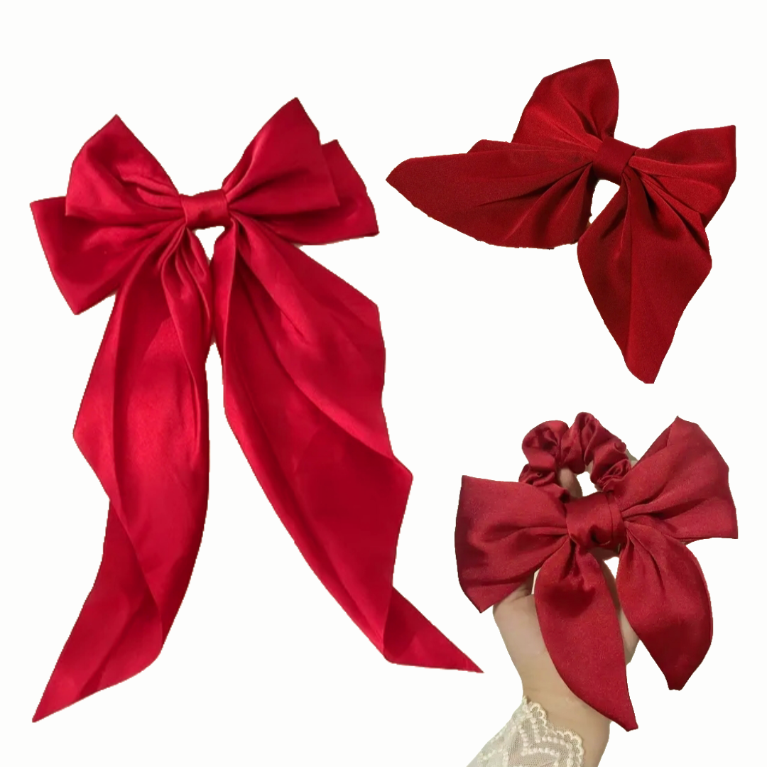 Satin Bow Clip & Band Set – 3PC Large Ribbon Hair Accessories | Satin Statement Hair Ties