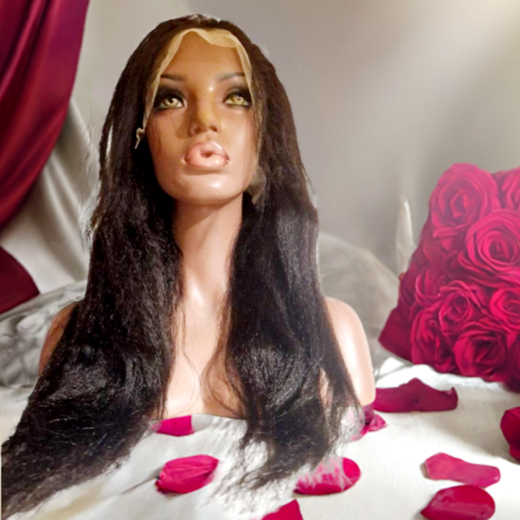 Luxelette Kinky Straight Lace Front Wig - 13x4 Glueless Yaki Human Hair Wig | 180% Density, Pre-Plucked, Natural Black