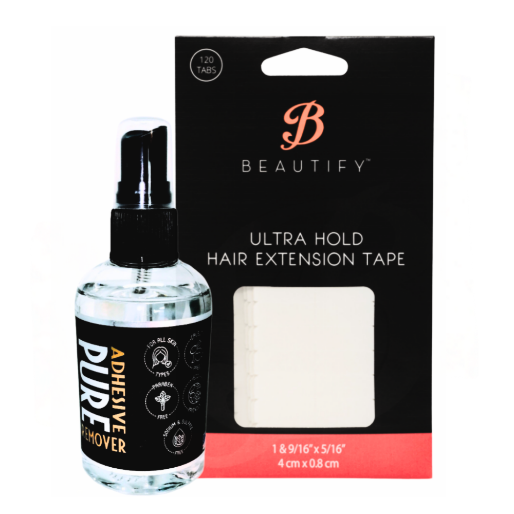 Beautify Ultra Hold Hair Extension Tape & PURE Remover 2PC Set – Pre-Cut Clear Strips | Strong Initial Hold for Wefts, Up to 6 Weeks