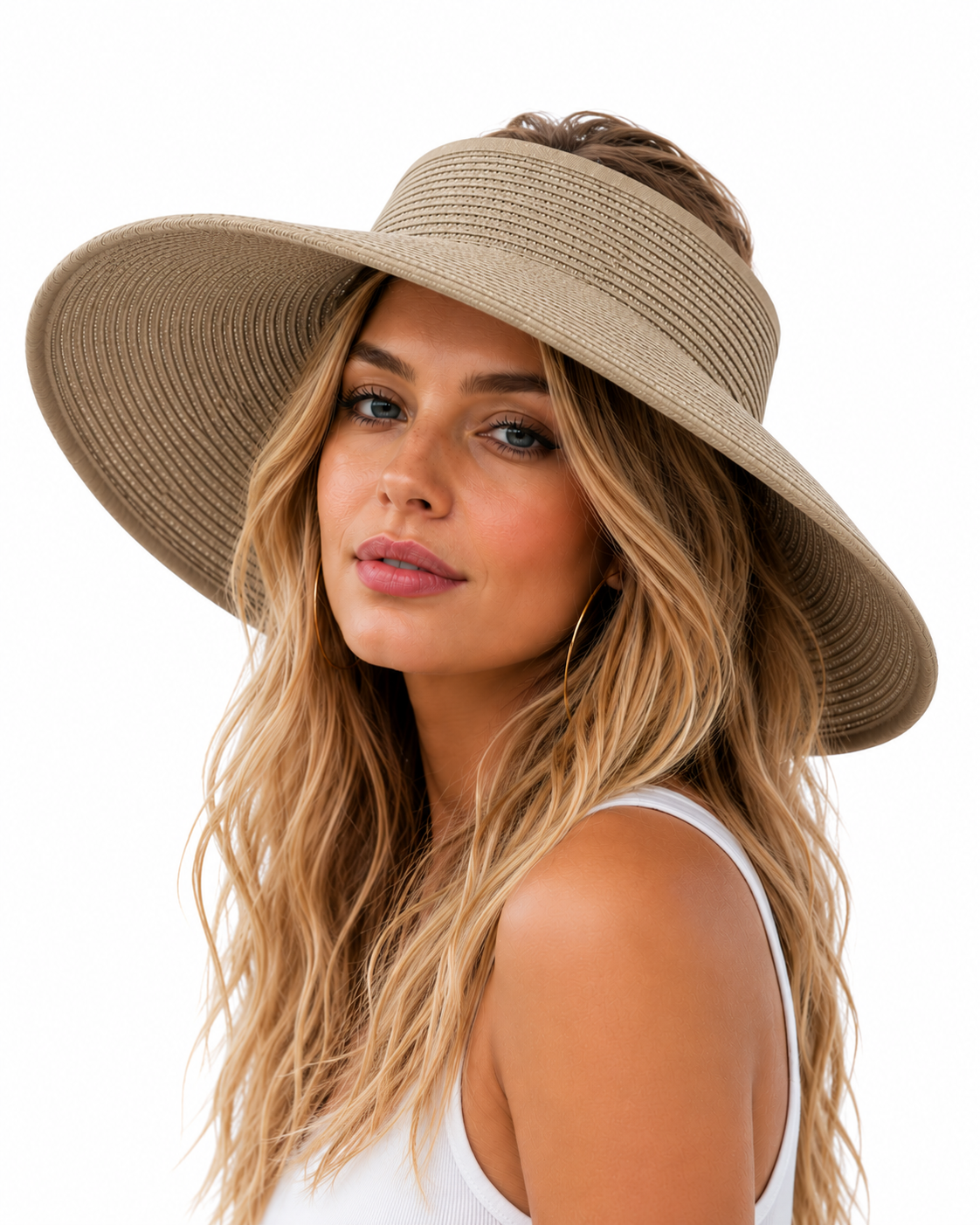 Wide Brim Sun Visor Hat, Beige | Black, UPF 50+ Foldable Open-Top Design for Beach, Pool & Travel