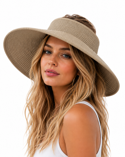 Wide Brim Sun Visor Hat, Beige | Black, UPF 50+ Foldable Open-Top Design for Beach, Pool & Travel