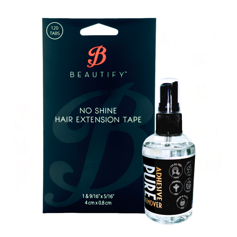 Beautify No-Shine Hair Extension Tape & PURE Remover Set, 2PC | Pre-Cut Clear Strips with Strong Initial Hold for Tape-In Wefts - Up to 6 Weeks Wear