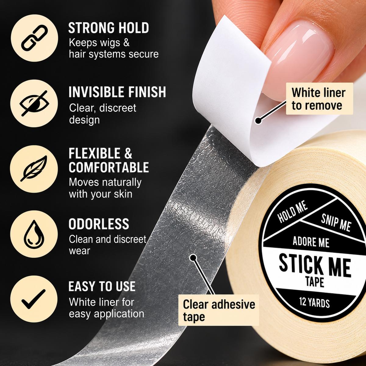 Stick Me Tape Roll - Clear Double-Sided Adhesive for Wigs, Clothing & Cosplay | Flexible, Odourless, Multi-Usage Tape