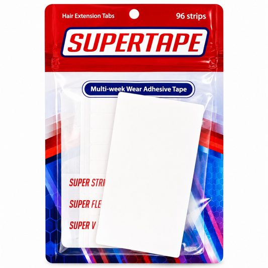 Supertape Hair Extension Tape Tabs – 96 Clear Double-Sided Strips with White Liner | Strong Multi-Week Hold for Tape-In Extensions