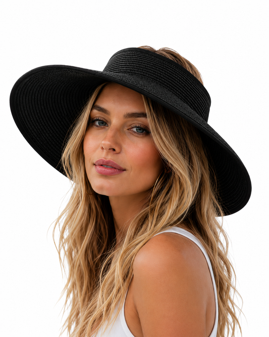 Wide Brim Sun Visor Hat, Beige | Black | White, UPF 50+ Foldable Open-Top Design for Beach, Pool & Travel