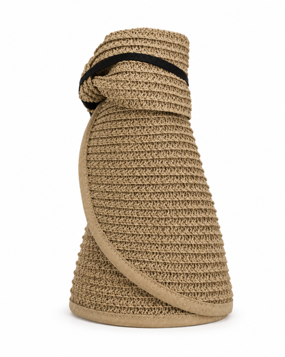 Wide Brim Sun Visor Hat, Beige | Black, UPF 50+ Foldable Open-Top Design for Beach, Pool & Travel