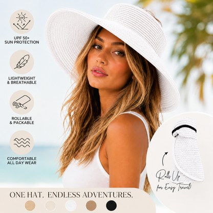 Wide Brim Sun Visor Hat, Beige | Black, UPF 50+ Foldable Open-Top Design for Beach, Pool & Travel