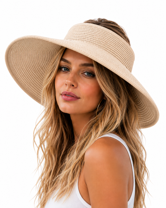Wide Brim Sun Visor Hat, Beige | Black | White, UPF 50+ Foldable Open-Top Design for Beach, Pool & Travel