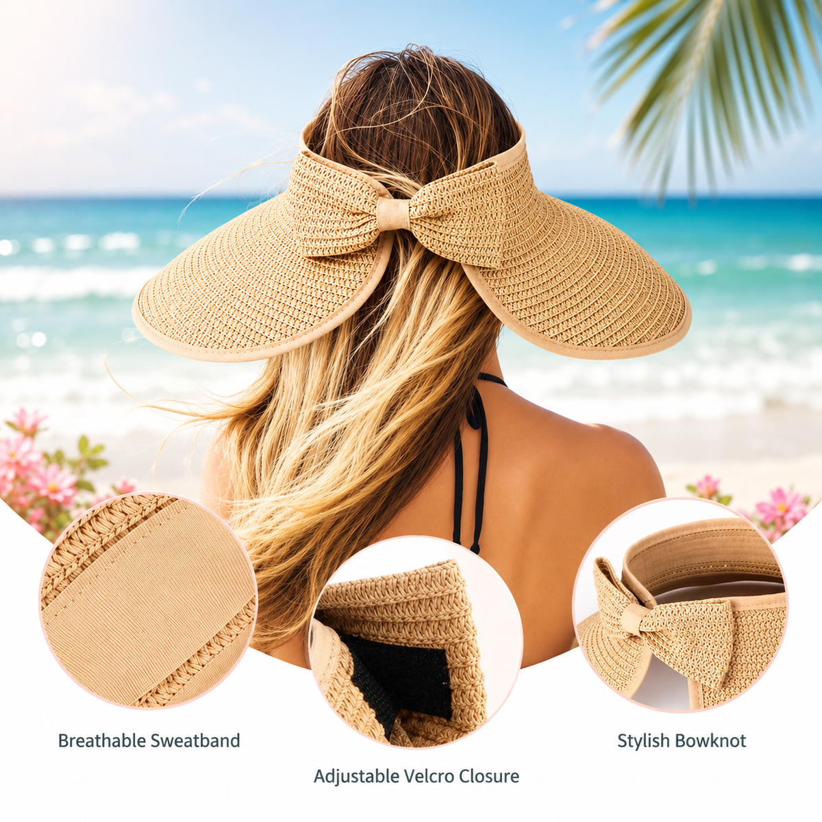 Wide Brim Sun Visor Hat, Beige | Black | White, UPF 50+ Foldable Open-Top Design for Beach, Pool & Travel