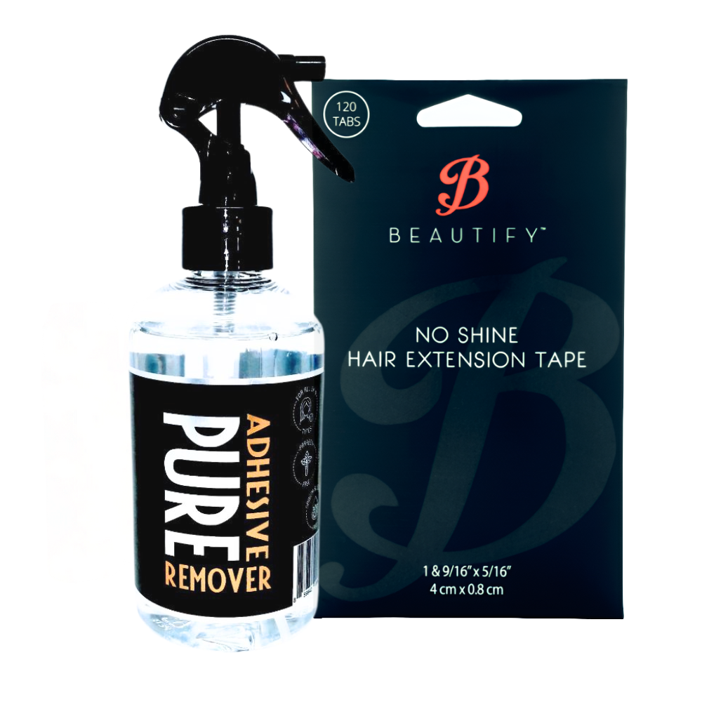 Beautify No-Shine Hair Extension Tape & PURE Remover Set, 2PC | Pre-Cut Clear Strips with Strong Initial Hold for Tape-In Wefts - Up to 6 Weeks Wear