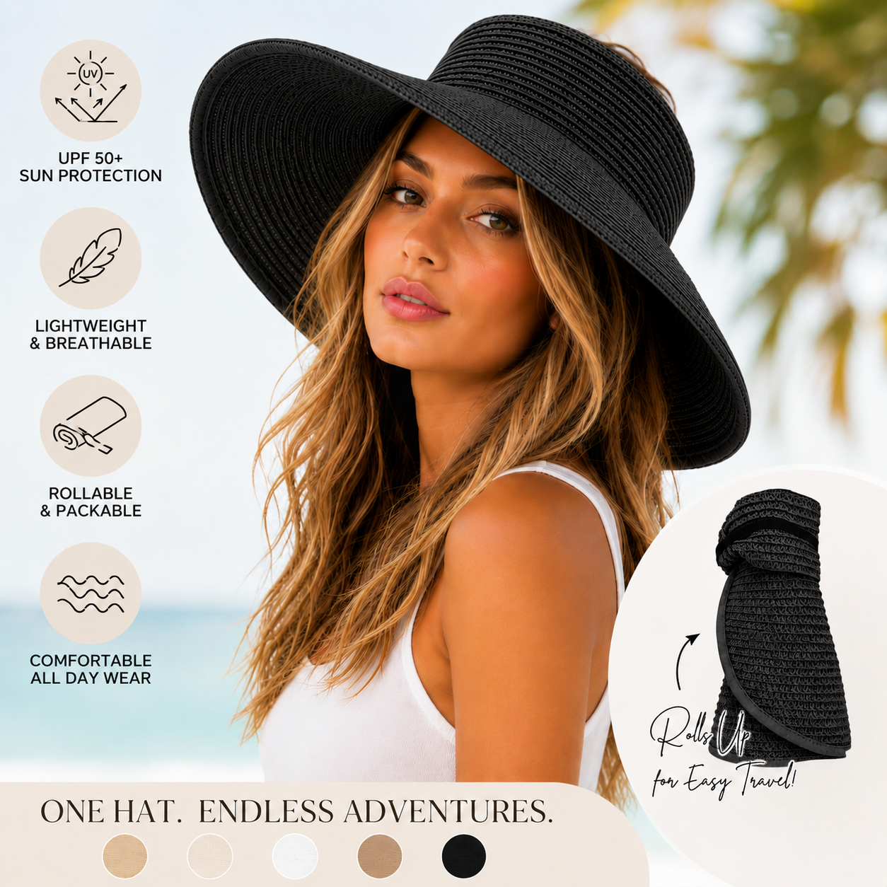 Wide Brim Sun Visor Hat, Beige | Black, UPF 50+ Foldable Open-Top Design for Beach, Pool & Travel