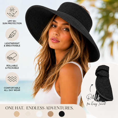 Wide Brim Sun Visor Hat, Beige | Black, UPF 50+ Foldable Open-Top Design for Beach, Pool & Travel