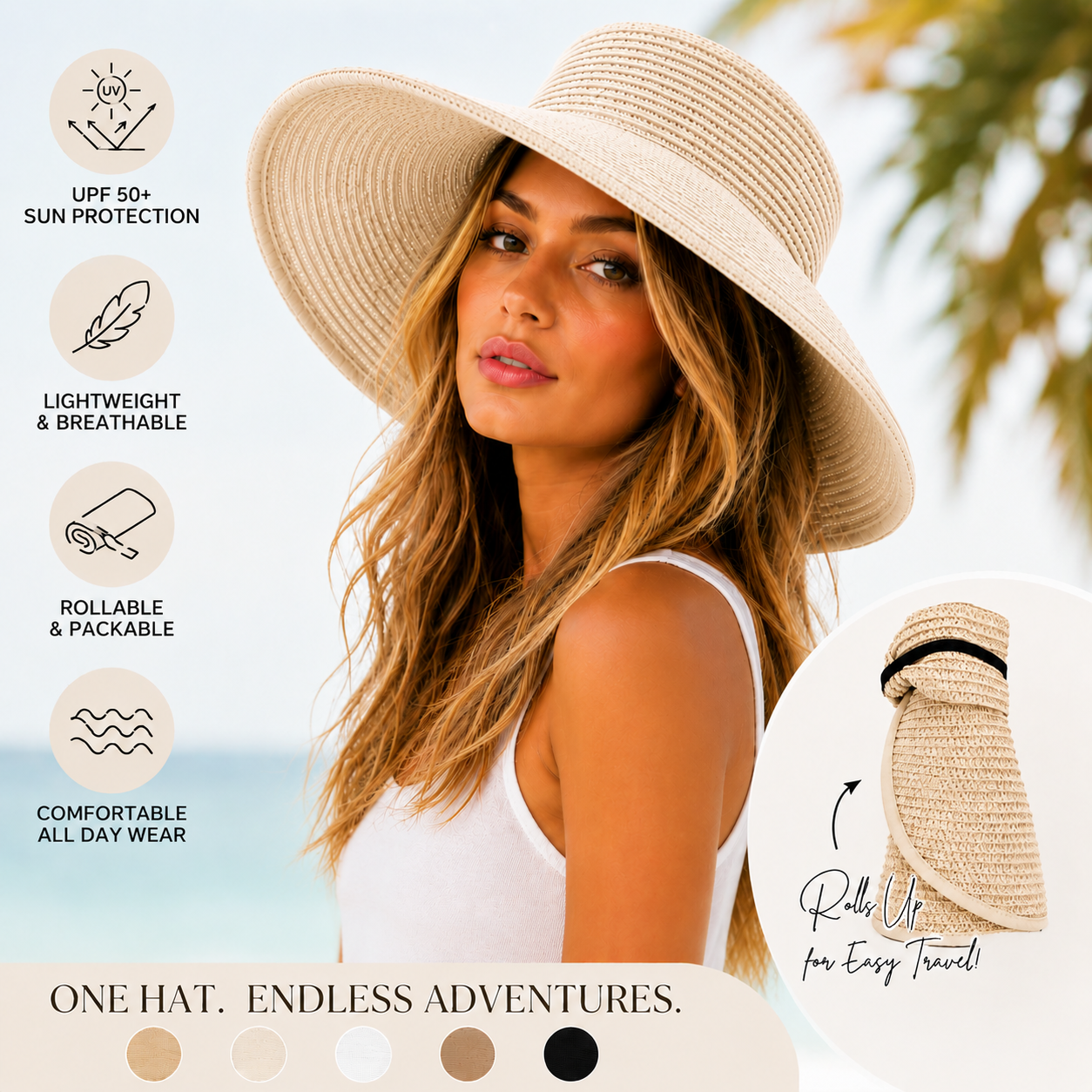 Wide Brim Sun Visor Hat, Beige | Black, UPF 50+ Foldable Open-Top Design for Beach, Pool & Travel