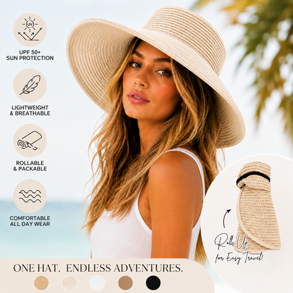Wide Brim Sun Visor Hat, Beige | Black, UPF 50+ Foldable Open-Top Design for Beach, Pool & Travel
