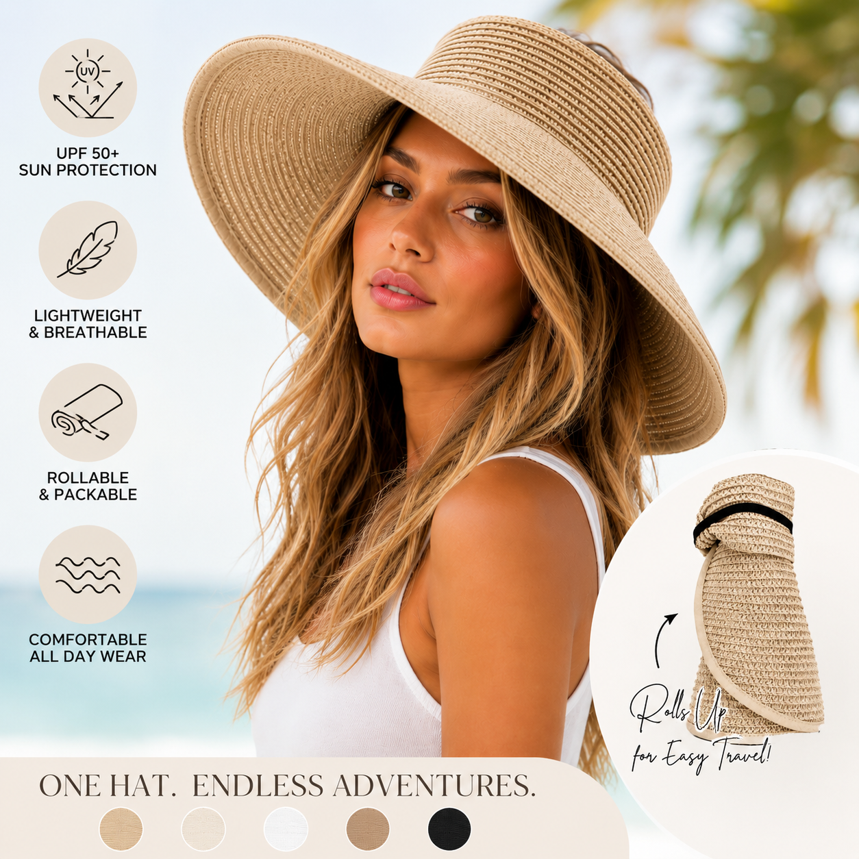 Wide Brim Sun Visor Hat, Beige | Black, UPF 50+ Foldable Open-Top Design for Beach, Pool & Travel