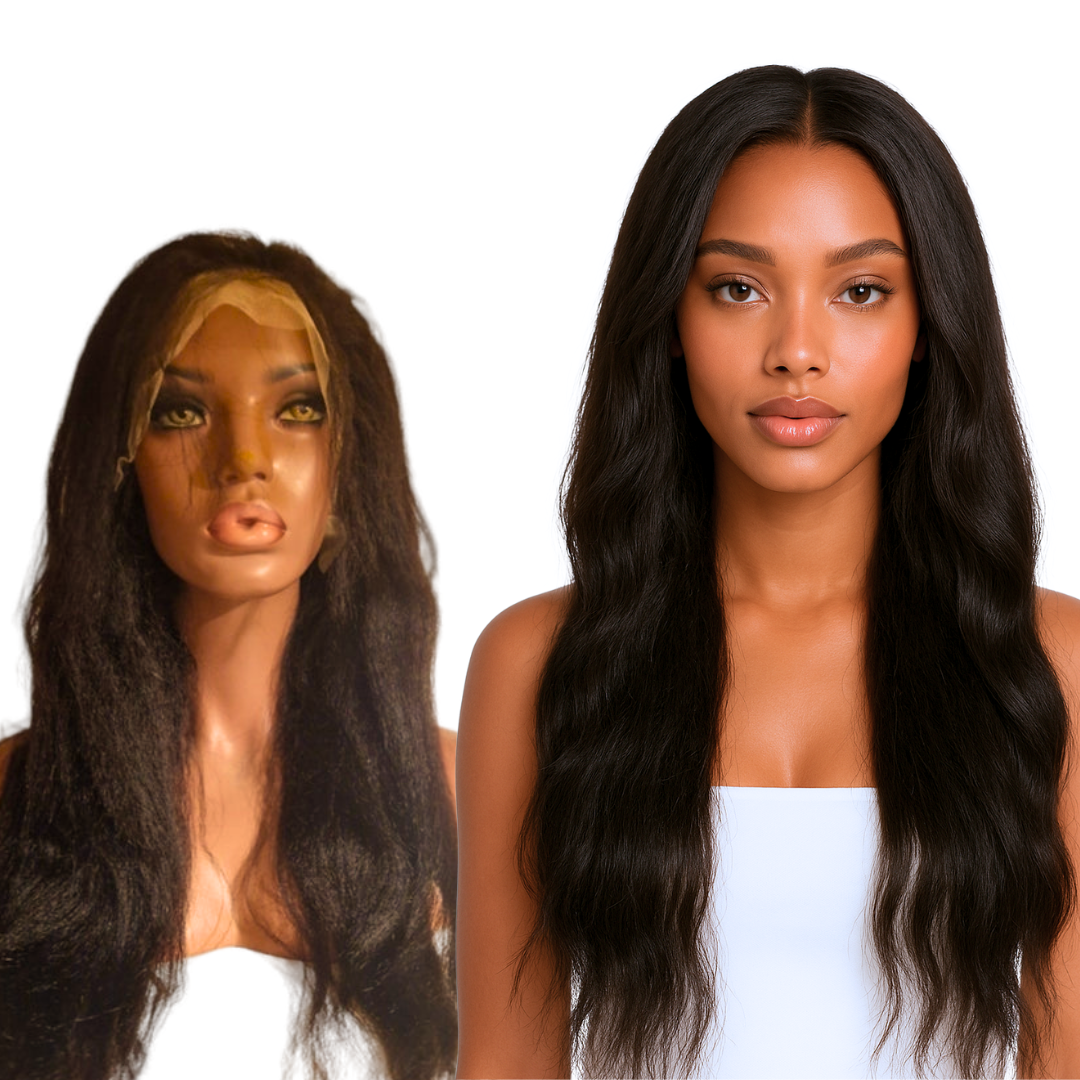 Luxelette Kinky Straight Lace Front Wig - 13x4 Glueless Yaki Human Hair Wig | 180% Density, Pre-Plucked, Natural Black