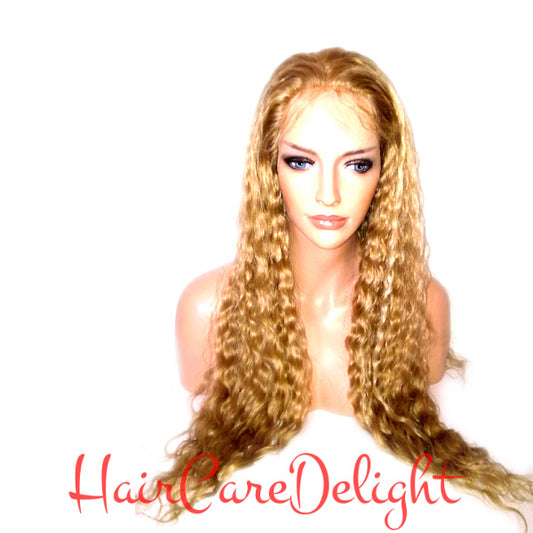 Bronze Blonde Highlight Deep Wave Full Lace Wig 27 613 - Haircaredelight.co.uk
